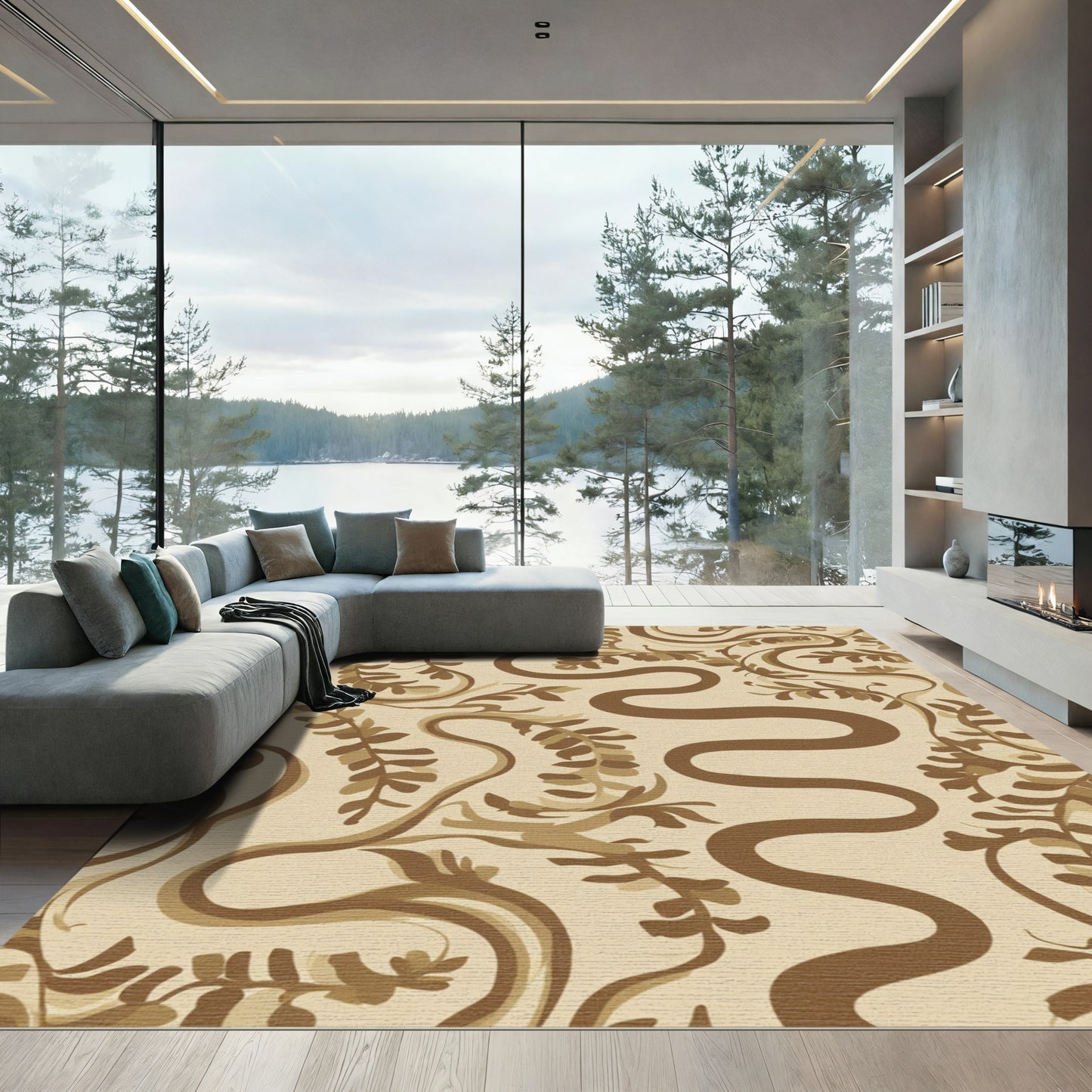 Brown Wavy Vine Leaf Pattern Rug