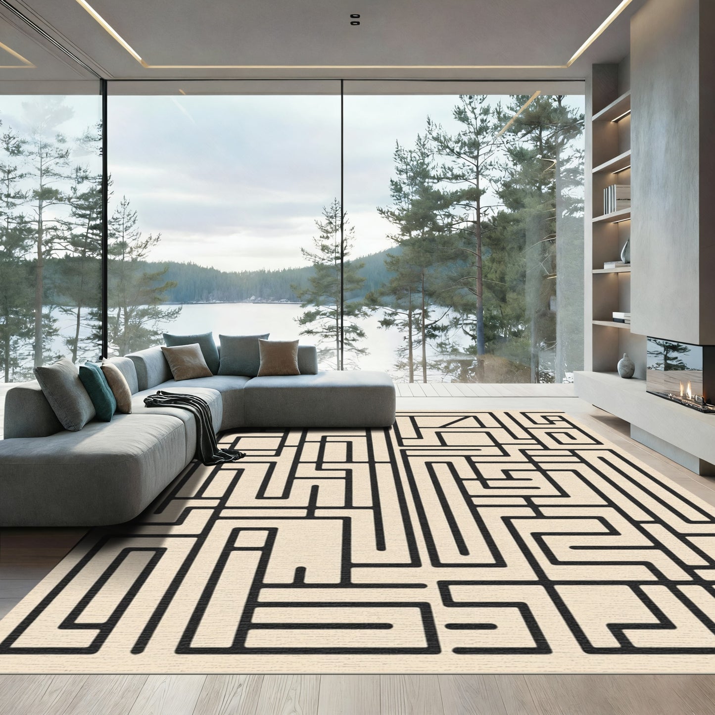 Beige Black Abstract Geometric Maze Rug
