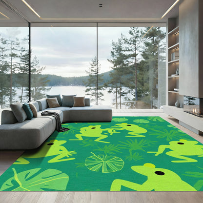 Playful Green Frogs Jungle Scene Rug