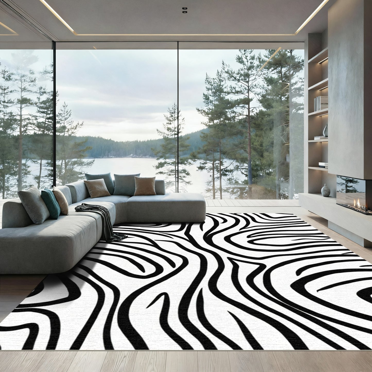 Striking Monochrome Wave Lines Rug