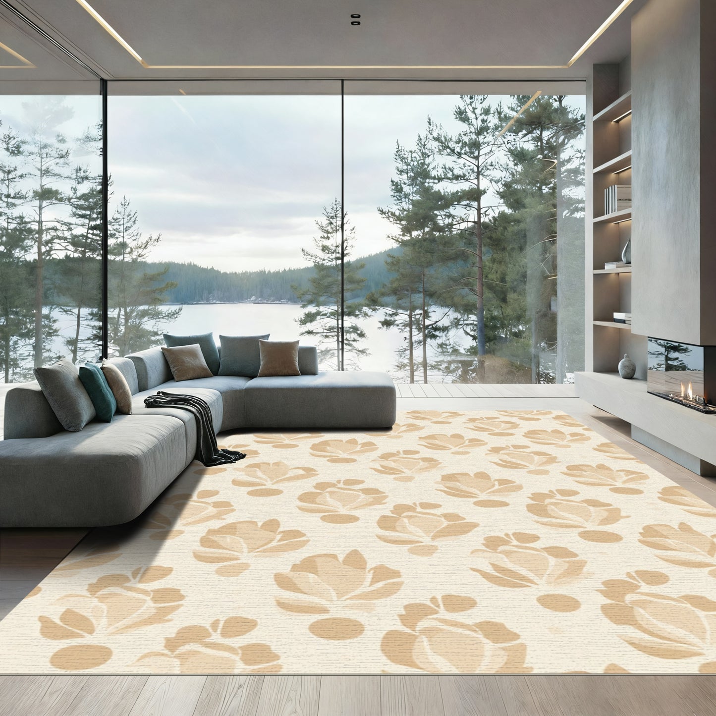 Earthy Cream Floral Overlay Rug