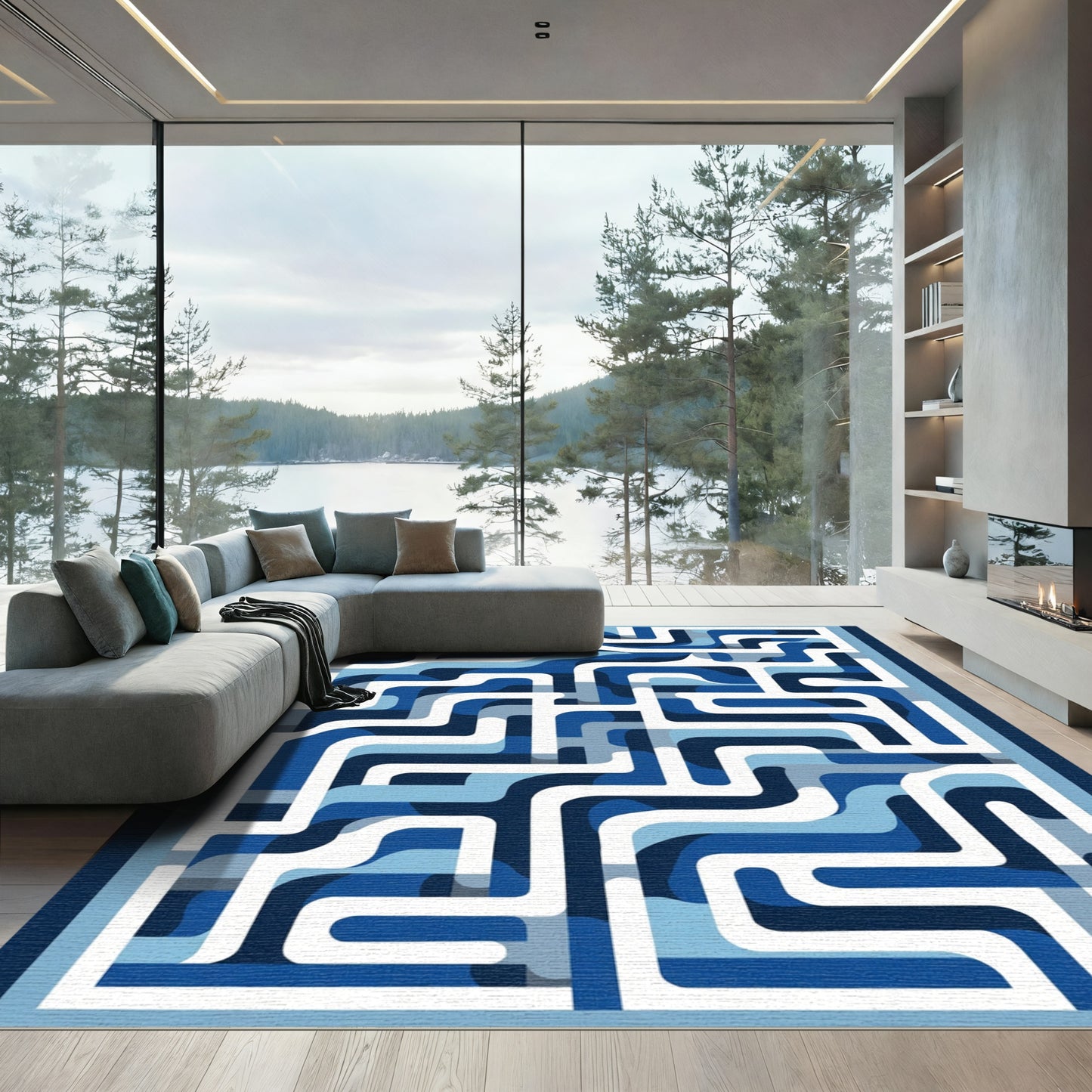 Bold Blue Labyrinth Abstract Geometric Rug