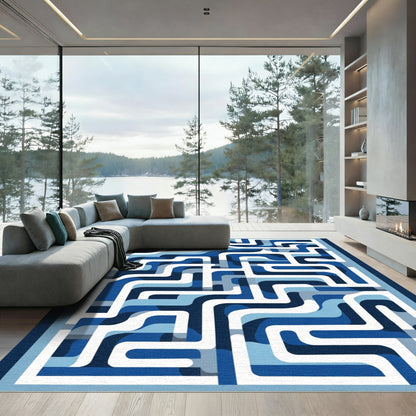 Bold Blue Labyrinth Abstract Geometric Rug