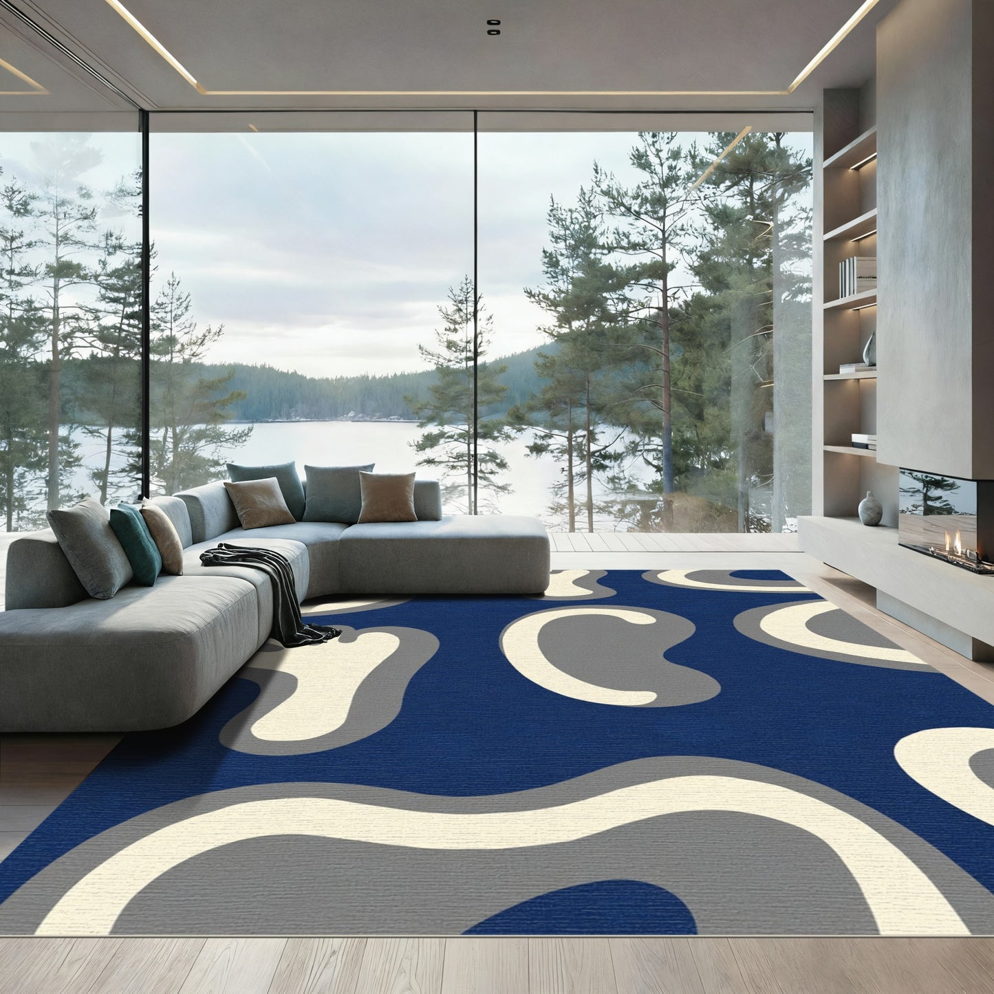 Blue Cream Gray Organic Shapes Rug