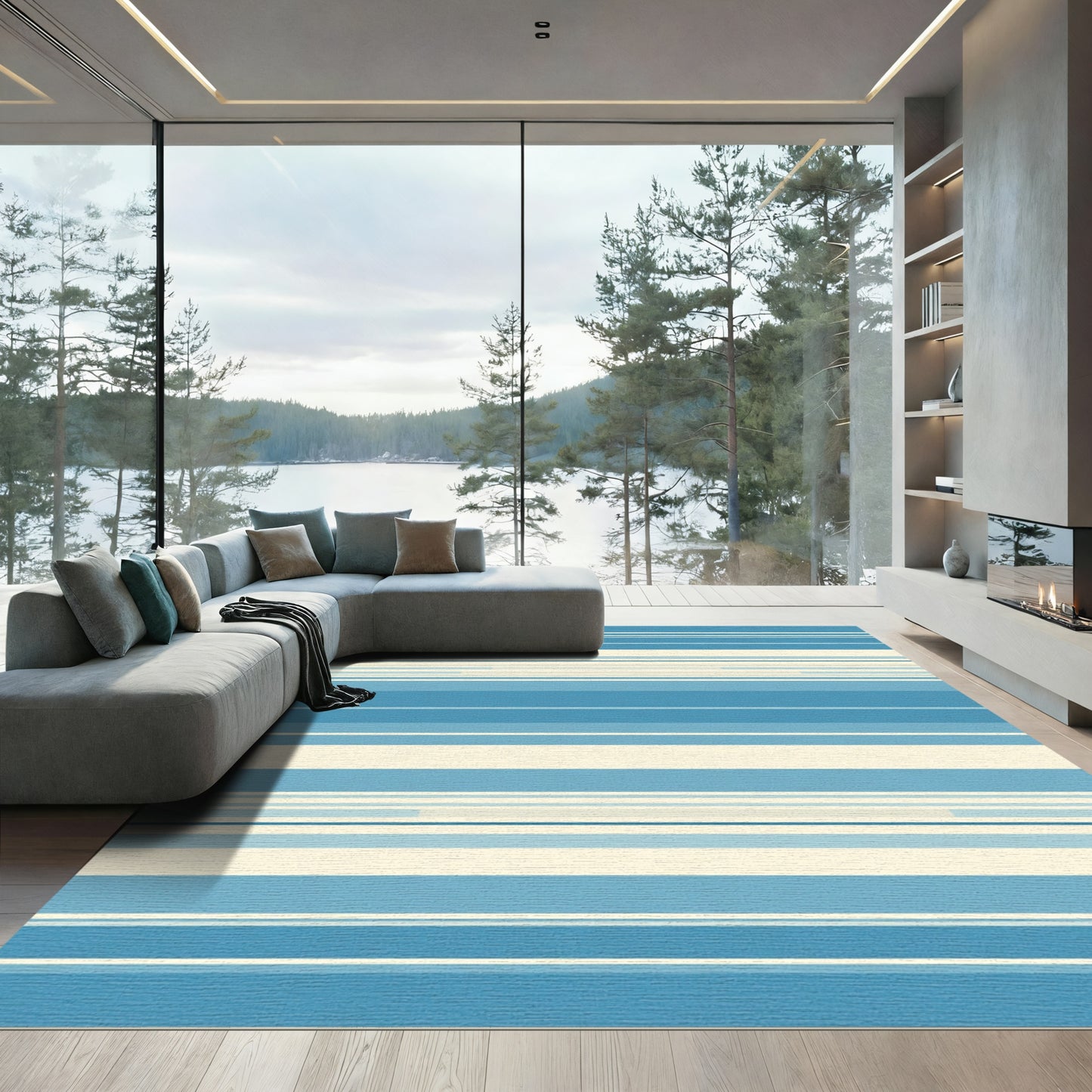 Blue Cream Tonal Striped Rug