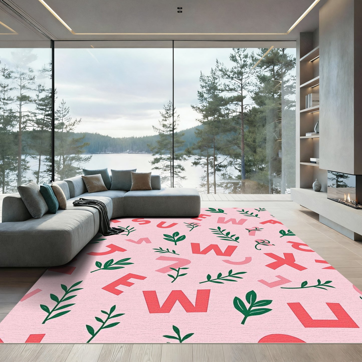 Pink Crimson Alphabet Botanical Background Rug