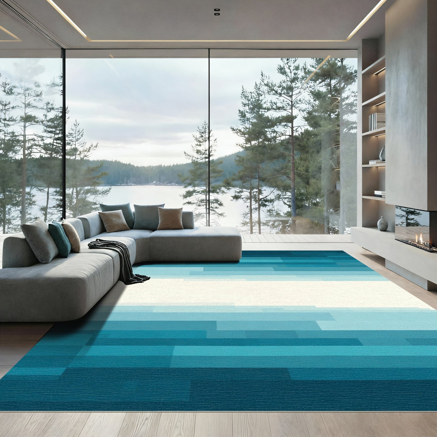 Aqua Gradient Horizontal Rectangles Rug