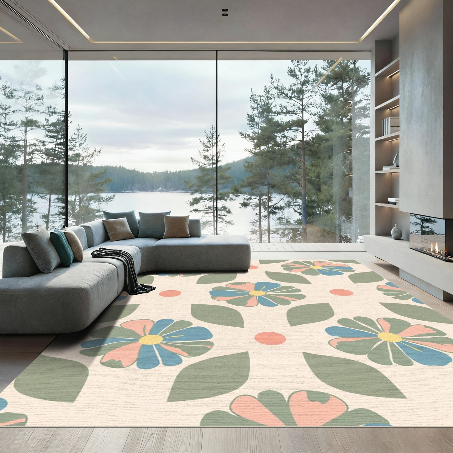 Pastel Floral Leaf Burst Rug