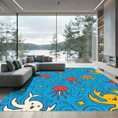 Playful Ocean Life Jellyfish Crab Swirls Rug