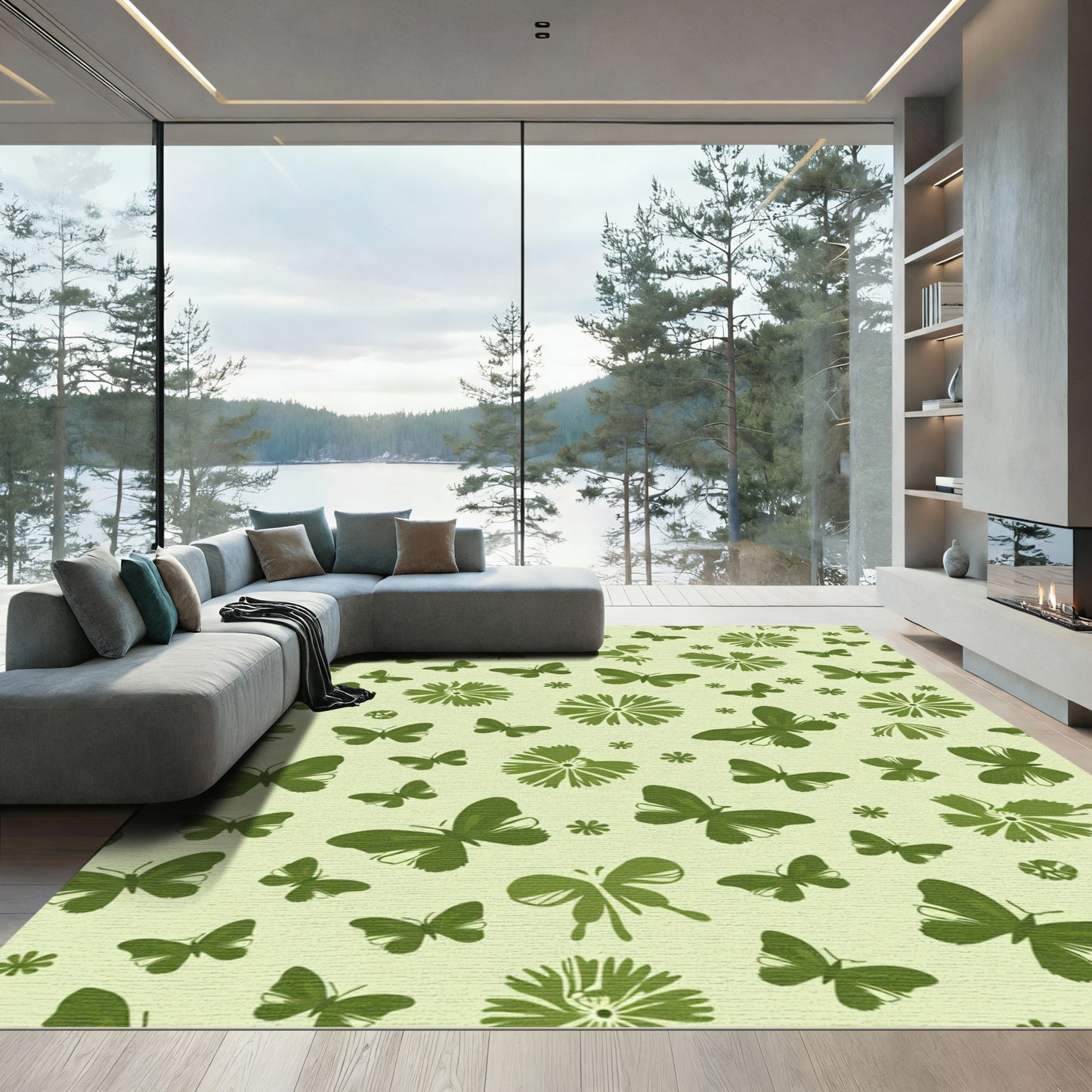 Whimsical Green Butterfly Bloom Garden Rug