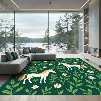 Enchanted Unicorns Amidst Verdant Foliage Rug