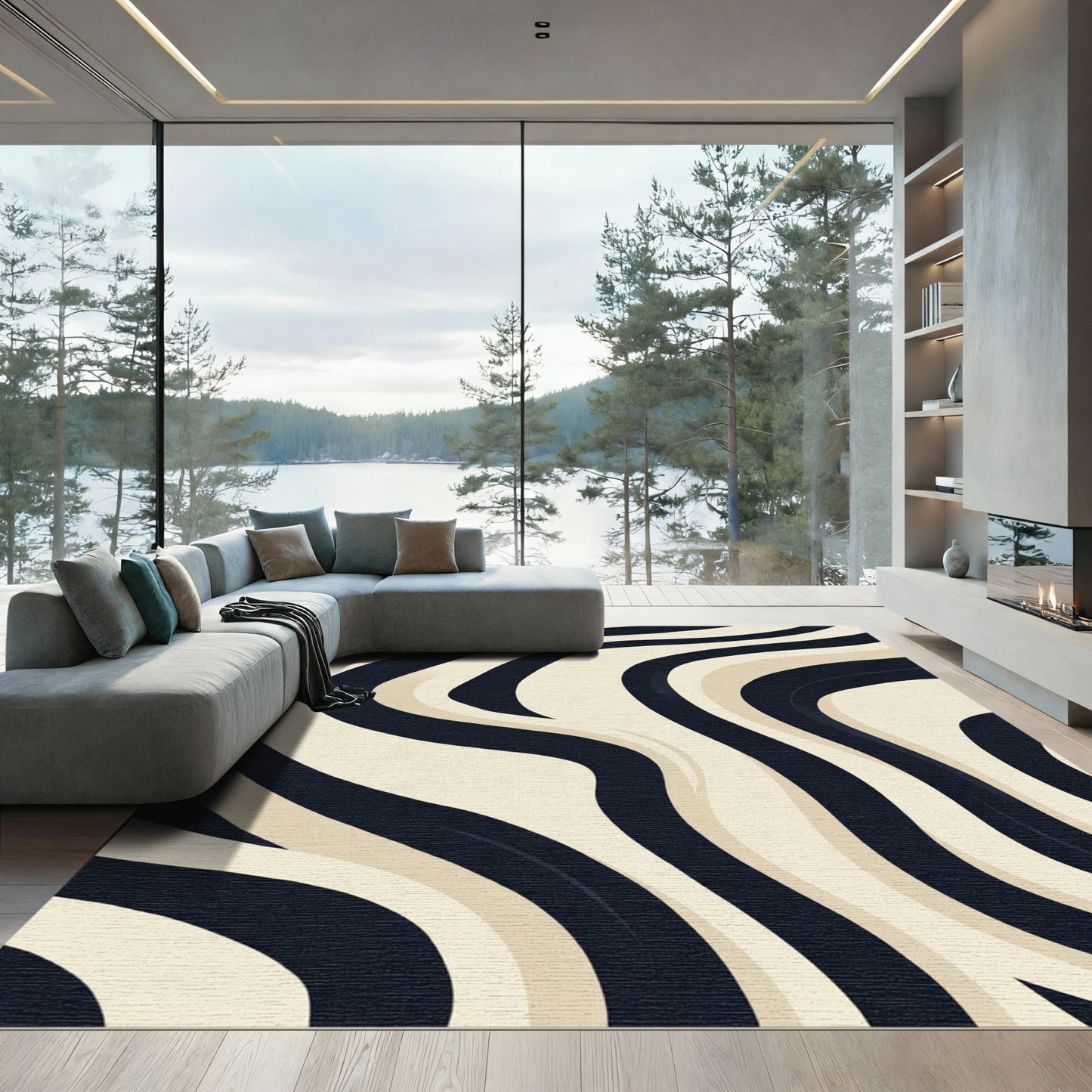 Bold Black Cream Swirl Rug