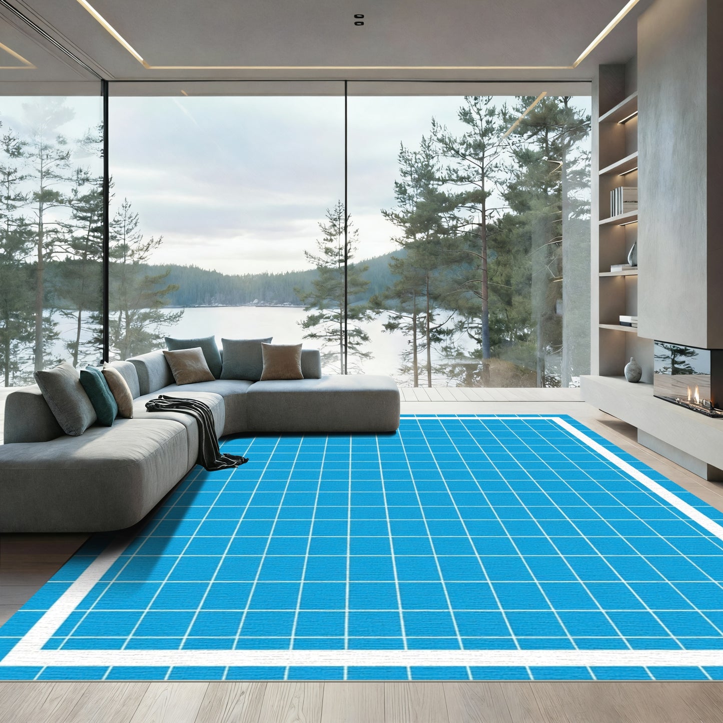 Bright Blue Grid Squares Rug