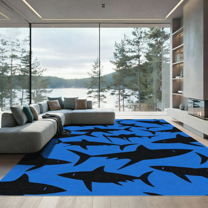 Black Shark Silhouette Blue Ocean Rug