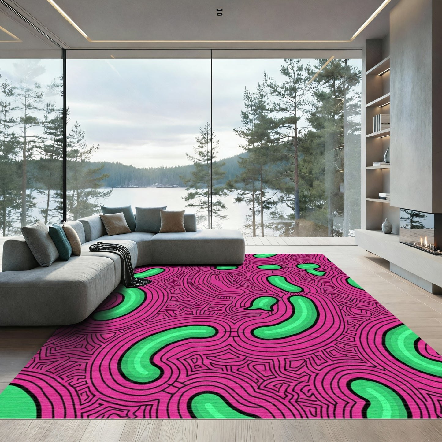 Vibrant Pink Green Organic Loops Rug