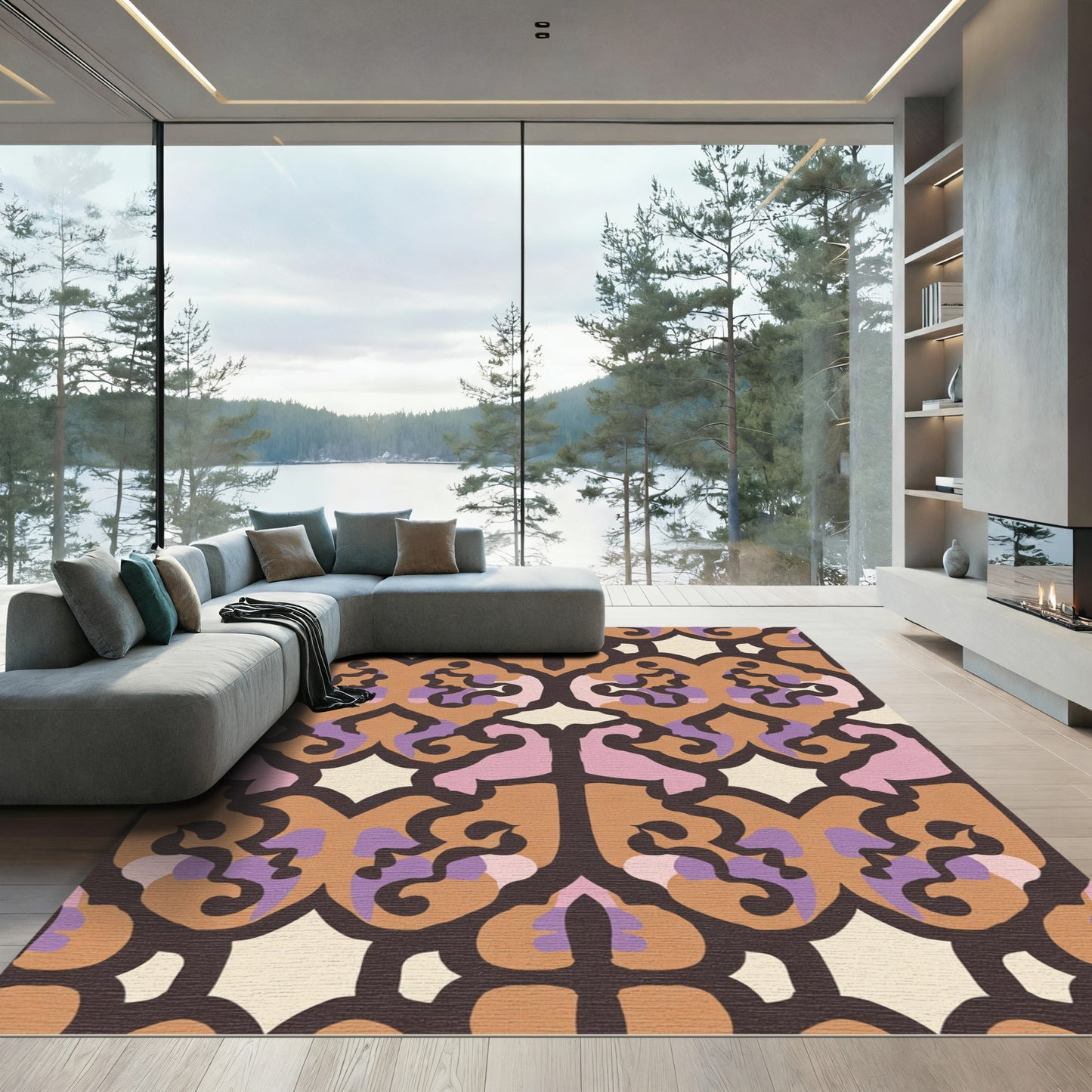 Ornate Brown Purple Cream Arabesque Rug