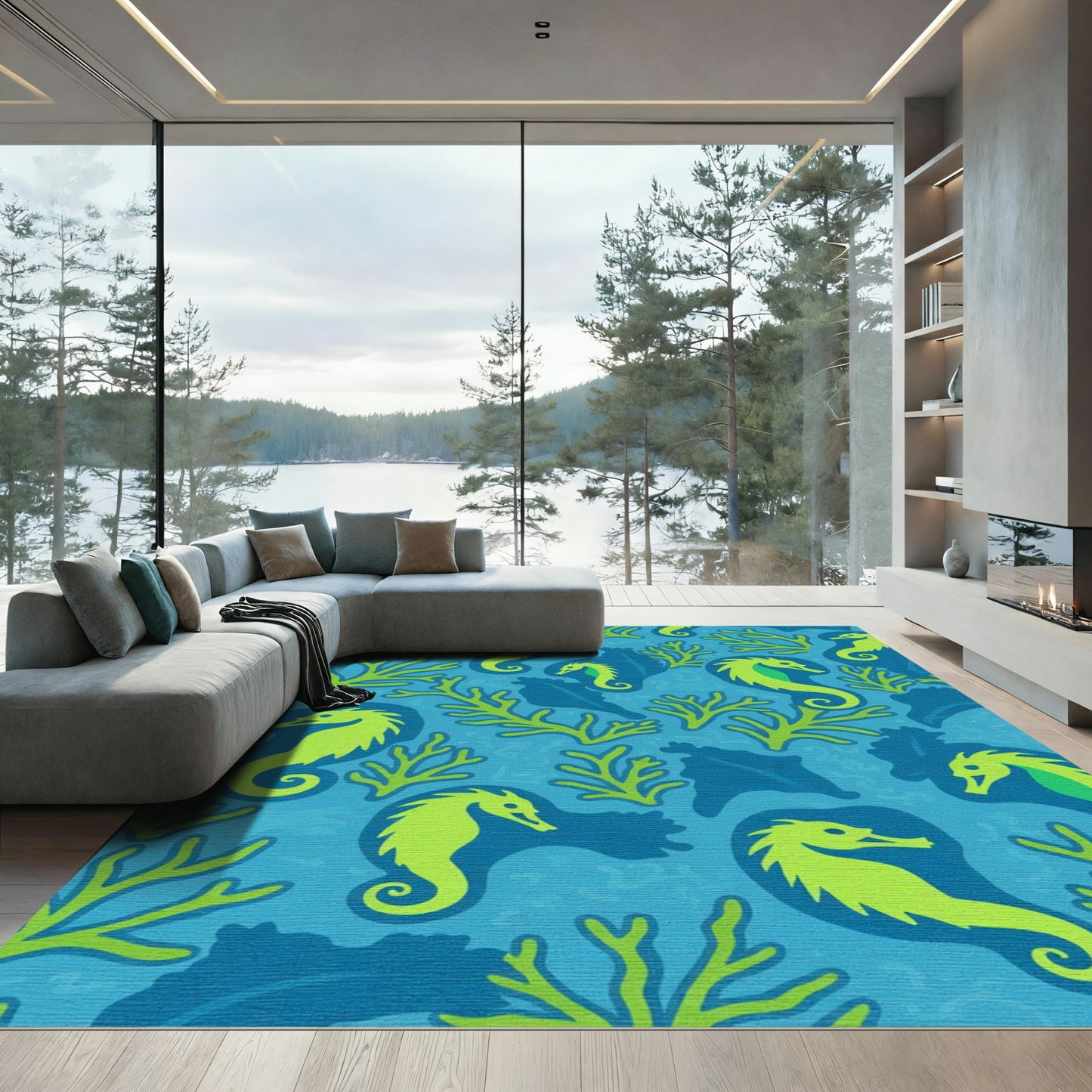 Lime Green Seahorses Coral Ocean Rug