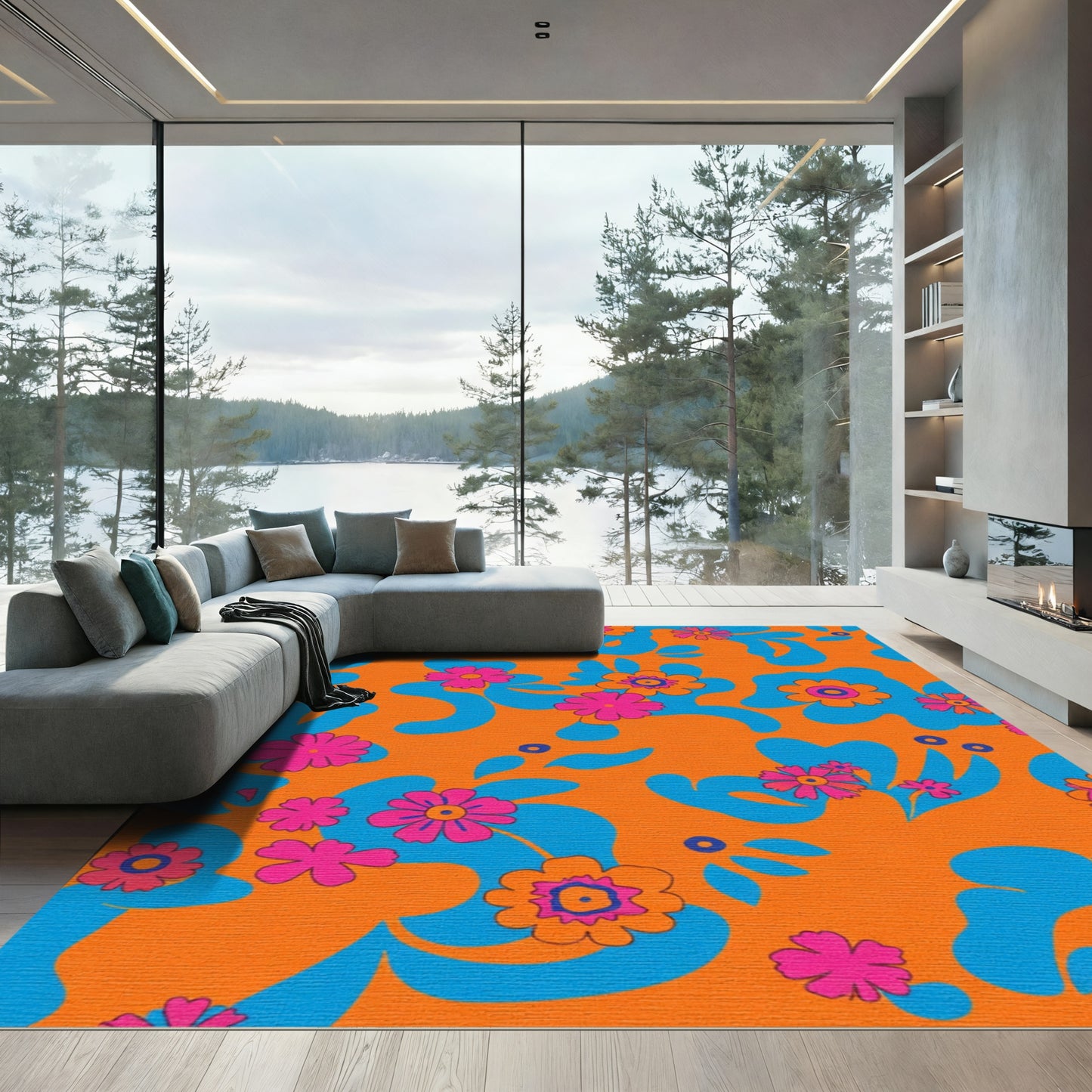 Groovy Floral Abstract Orange Blue Rug