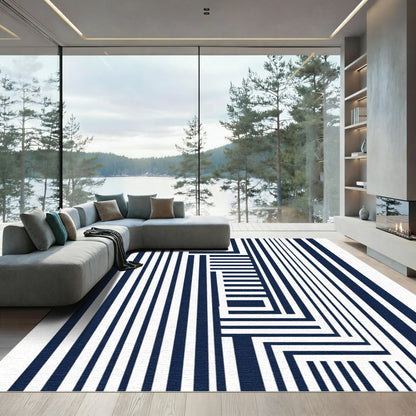 Navy White Geometric Maze Rug