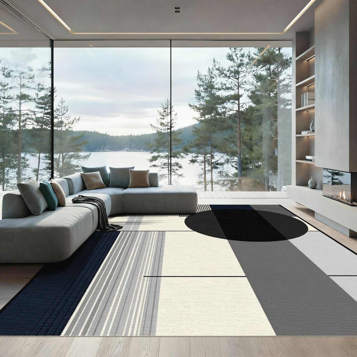 Geometric Abstract Black Circle Cream Rug