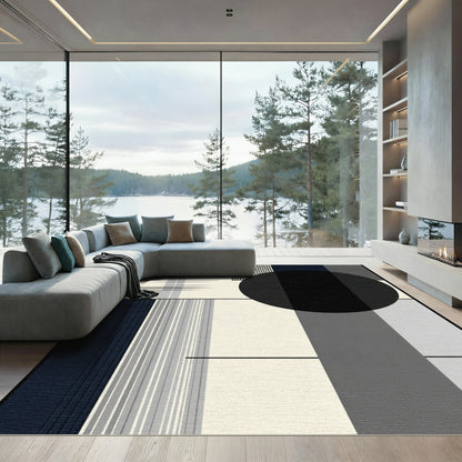 Geometric Abstract Black Circle Cream Rug