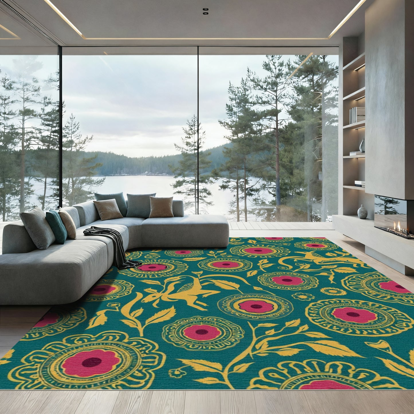 Golden Reindeer Crimson Floral Roundel Rug