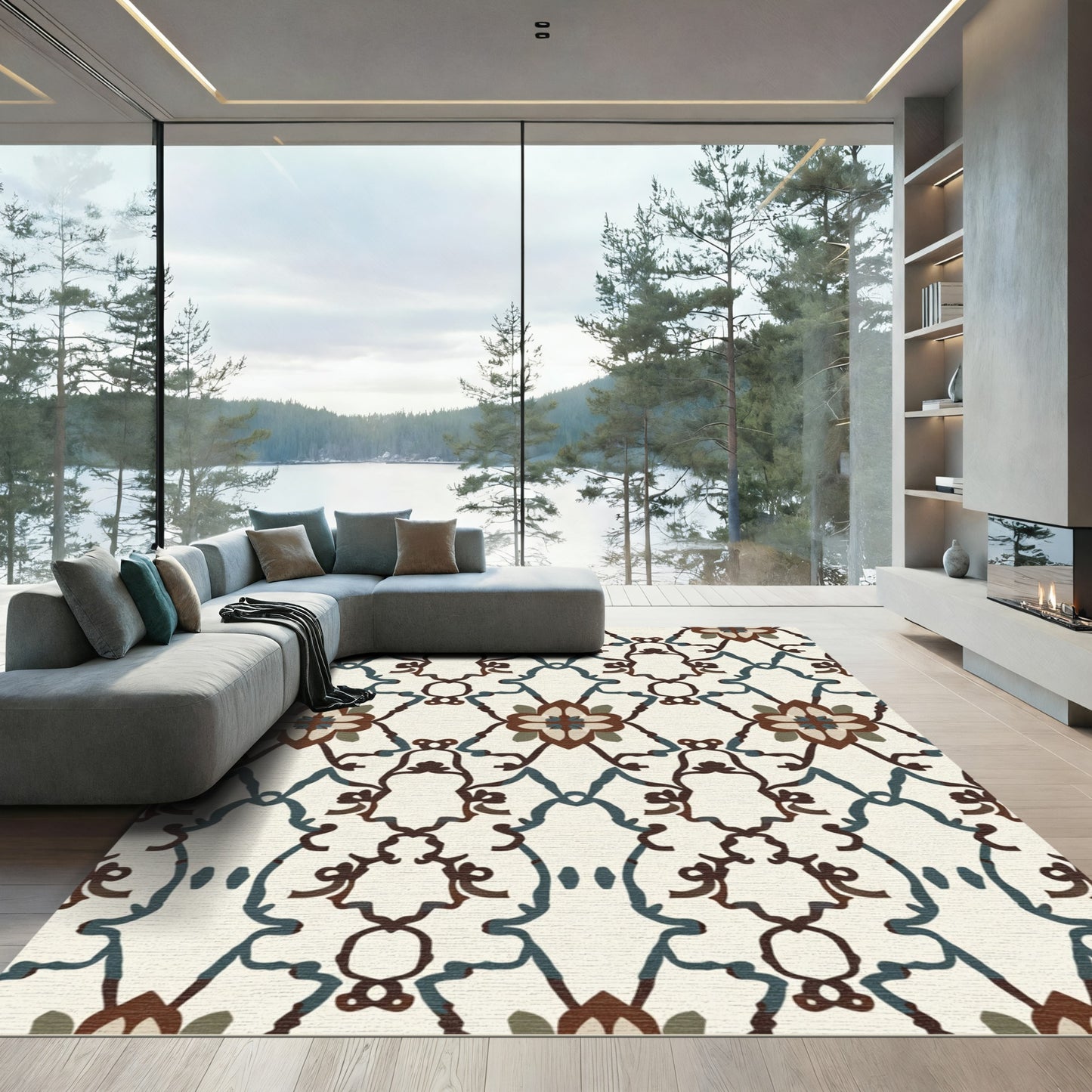 Brown Blue Floral Lattice Composition Rug