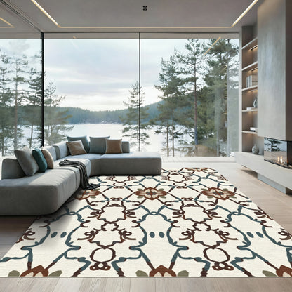 Brown Blue Floral Lattice Composition Rug