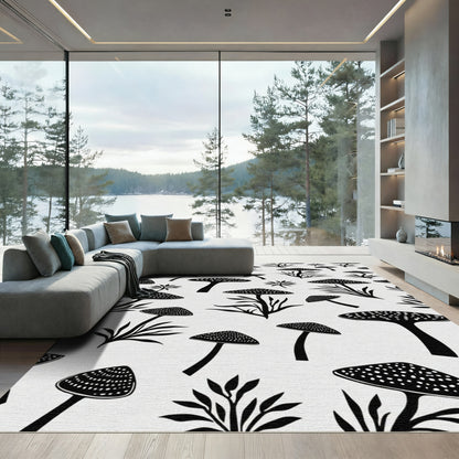 Whimsical Black Mushroom Botanical Spore Rug