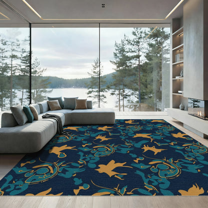 Navy Teal Gold Abstract Organic Flow Rug