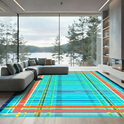 Vibrant Aqua Striped Plaid Rug