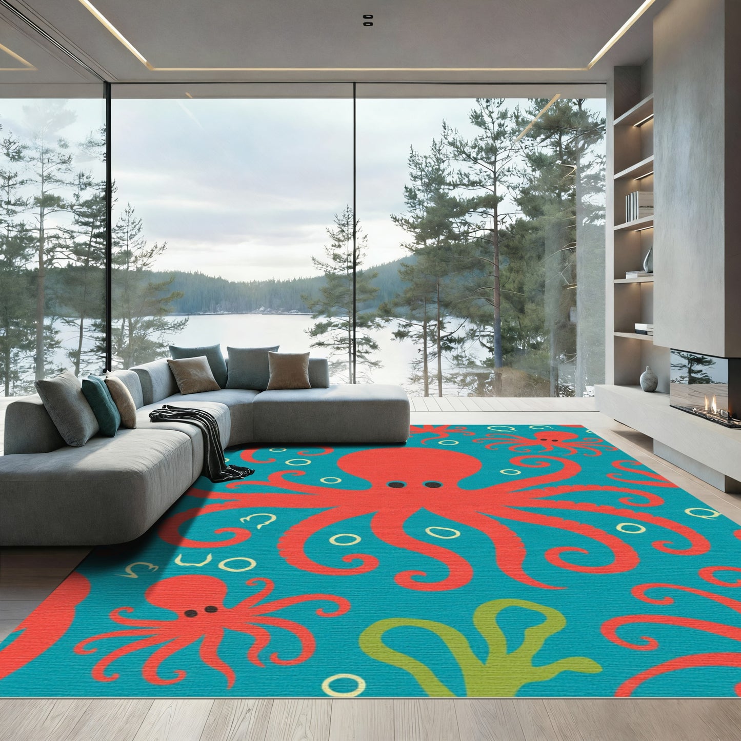 Red Octopi Teal Whimsical Aquatic Rug
