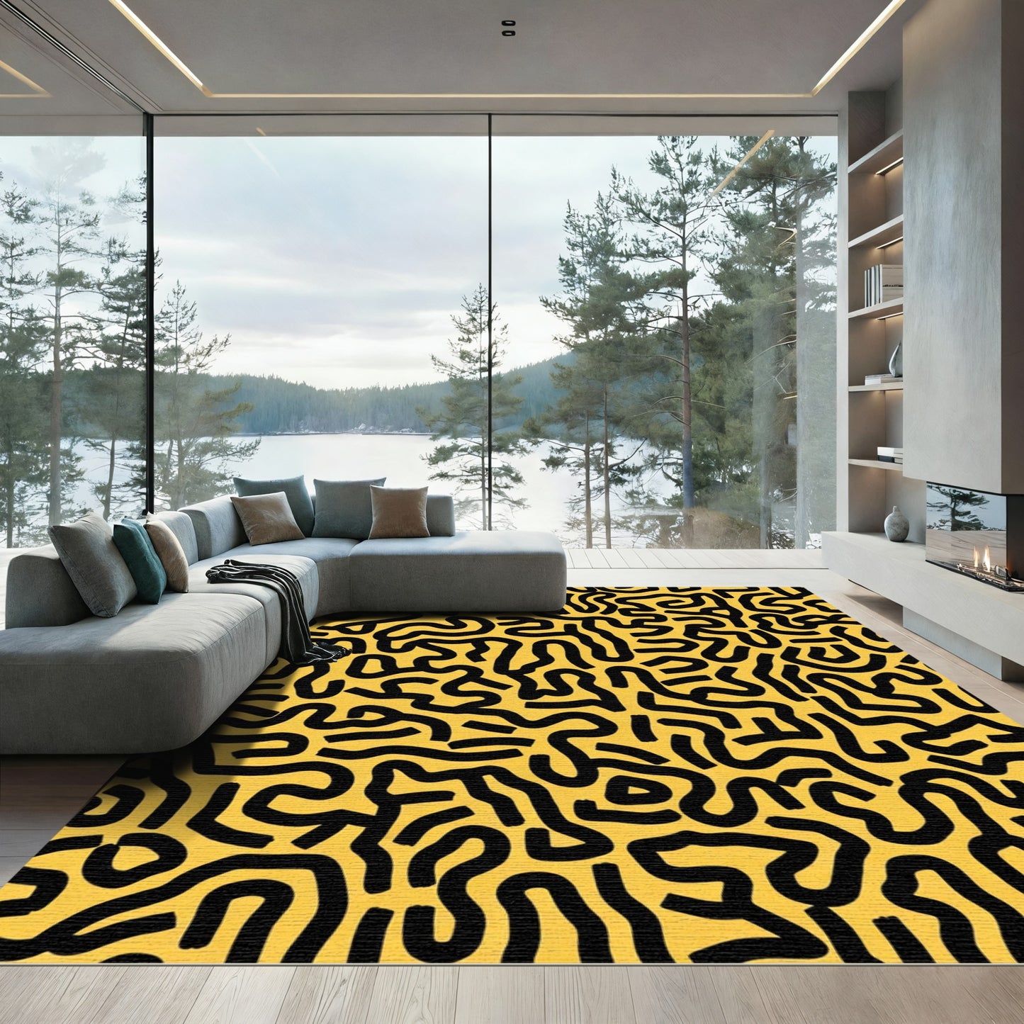 Abstract Black Labyrinth Yellow Rug
