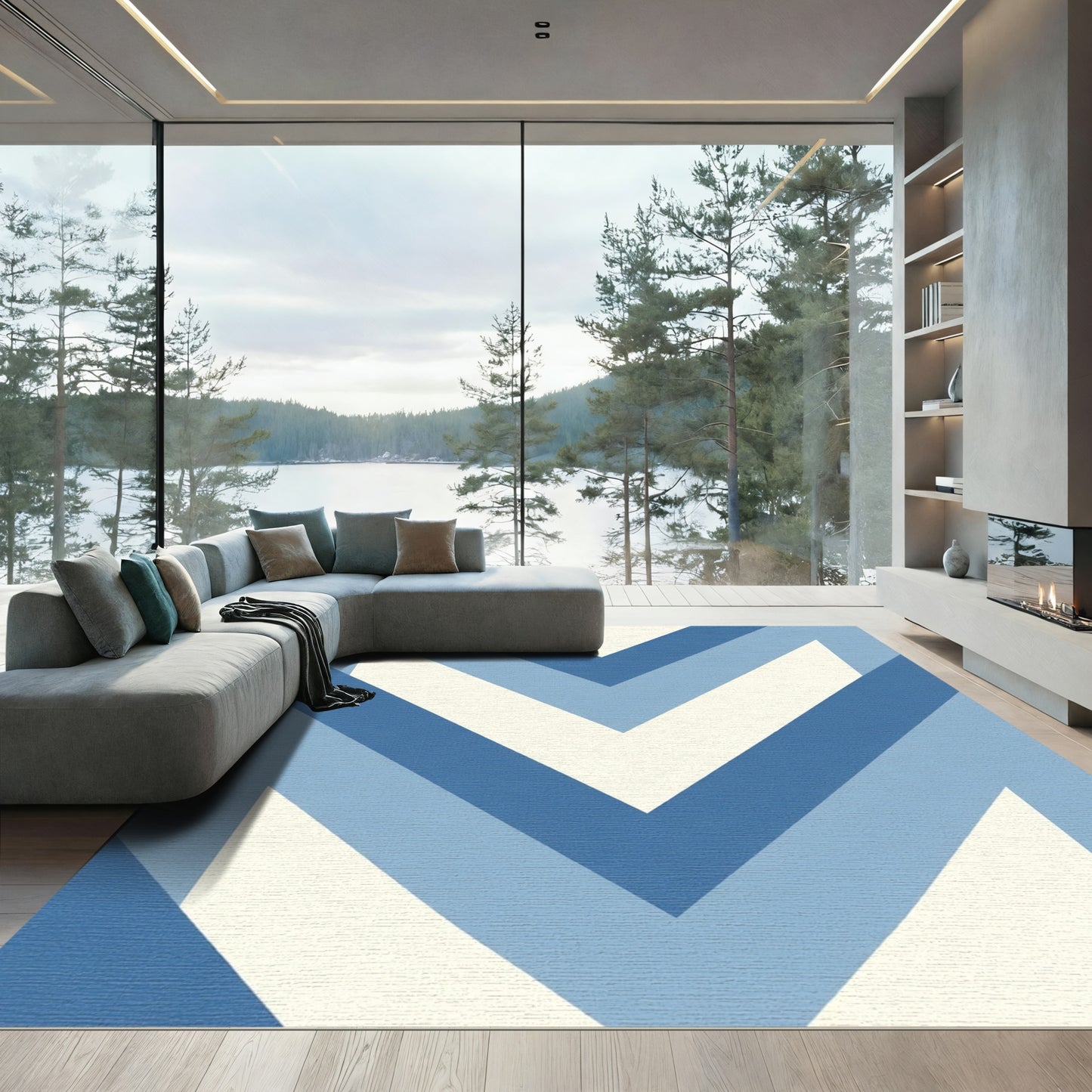 Modern Blue Chevron Stripes Rug