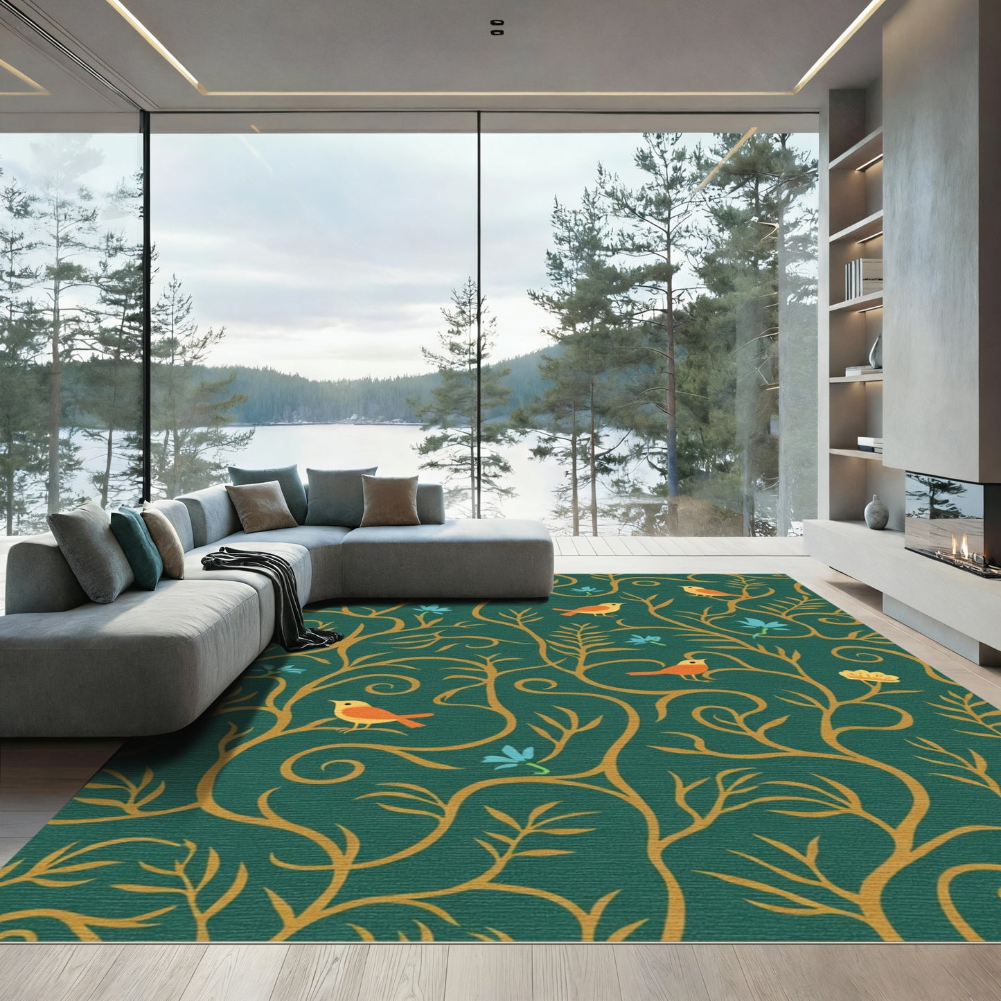 Emerald Green Golden Bird Floral Vines Rug