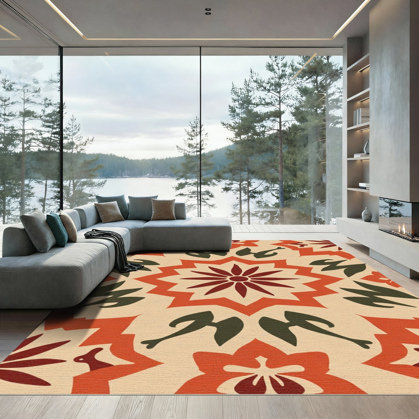 Terracotta Red Floral Sunburst Rug
