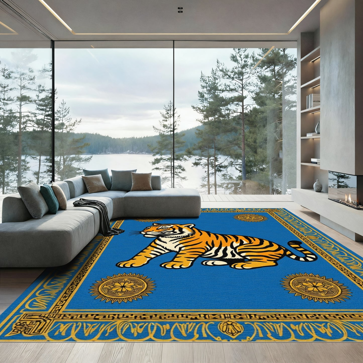 Bold Tiger Blue Sunburst Frame Rug