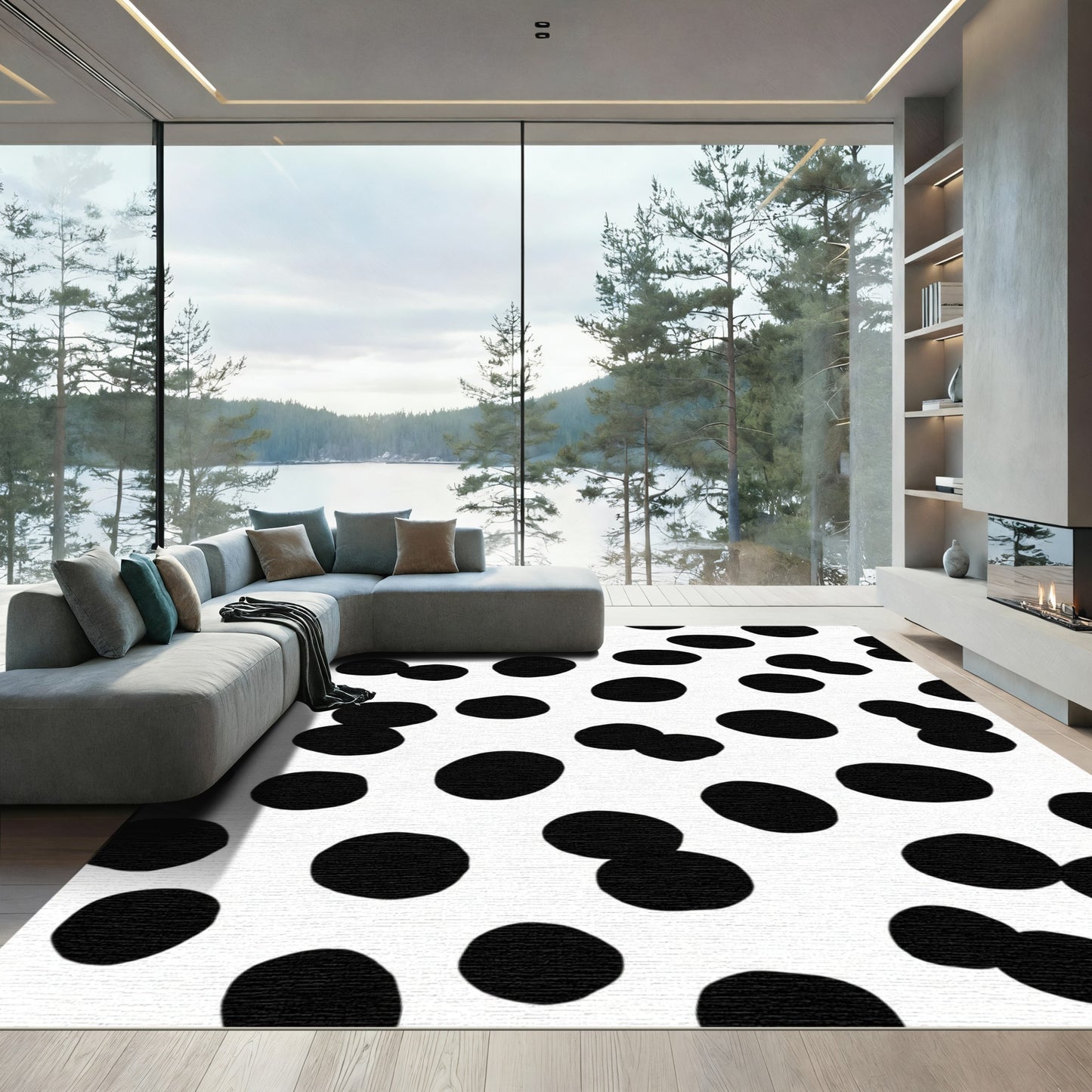 Abstract Black Spots White Ground Rug