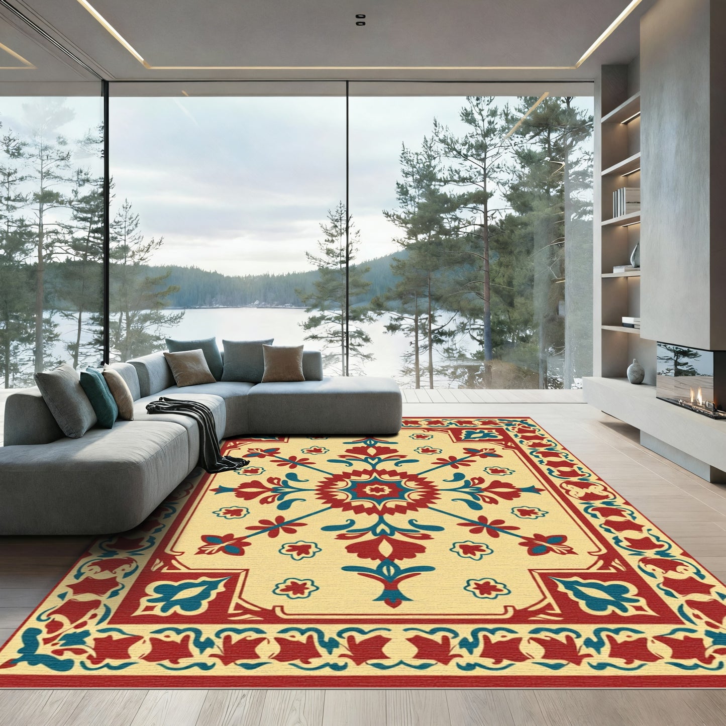 Crimson Teal Floral Medallion Layout Rug