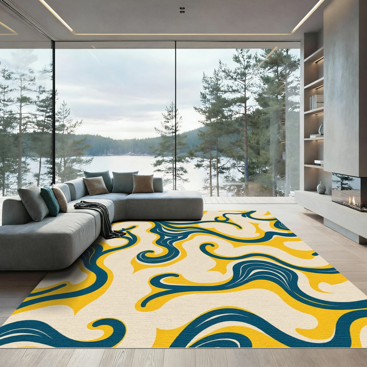Retro Teal Yellow Swirl Flow Rug