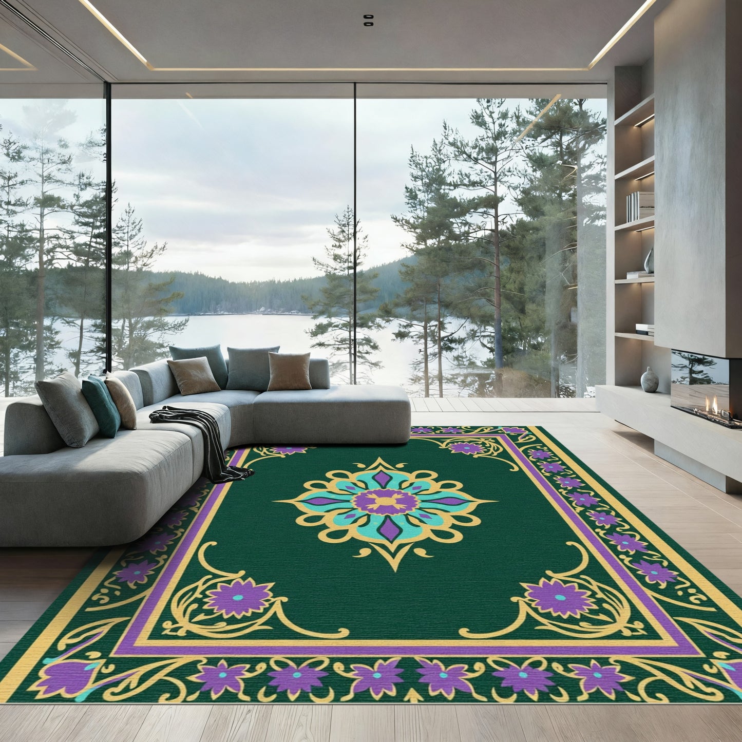 Emerald And Gold Floral Medallion Rug