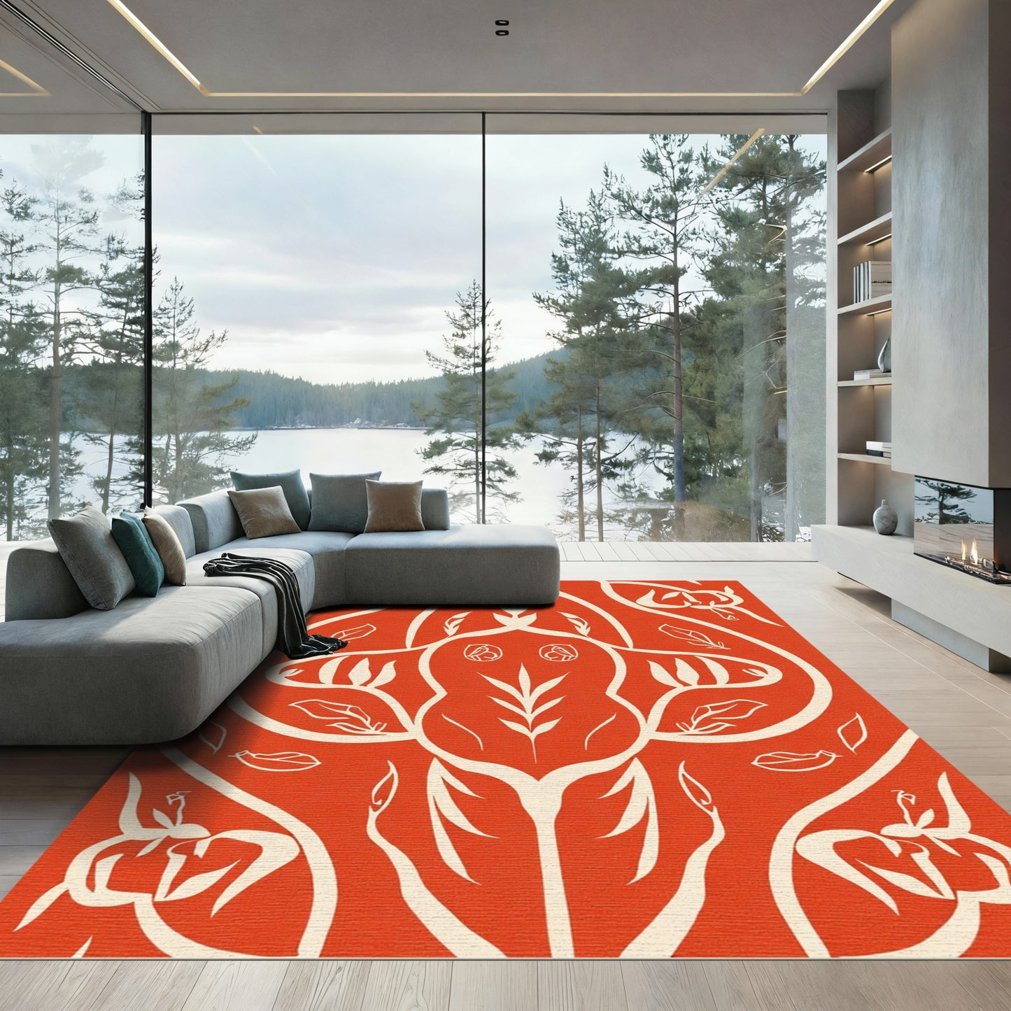 Bold Orange Floral Crest Rug
