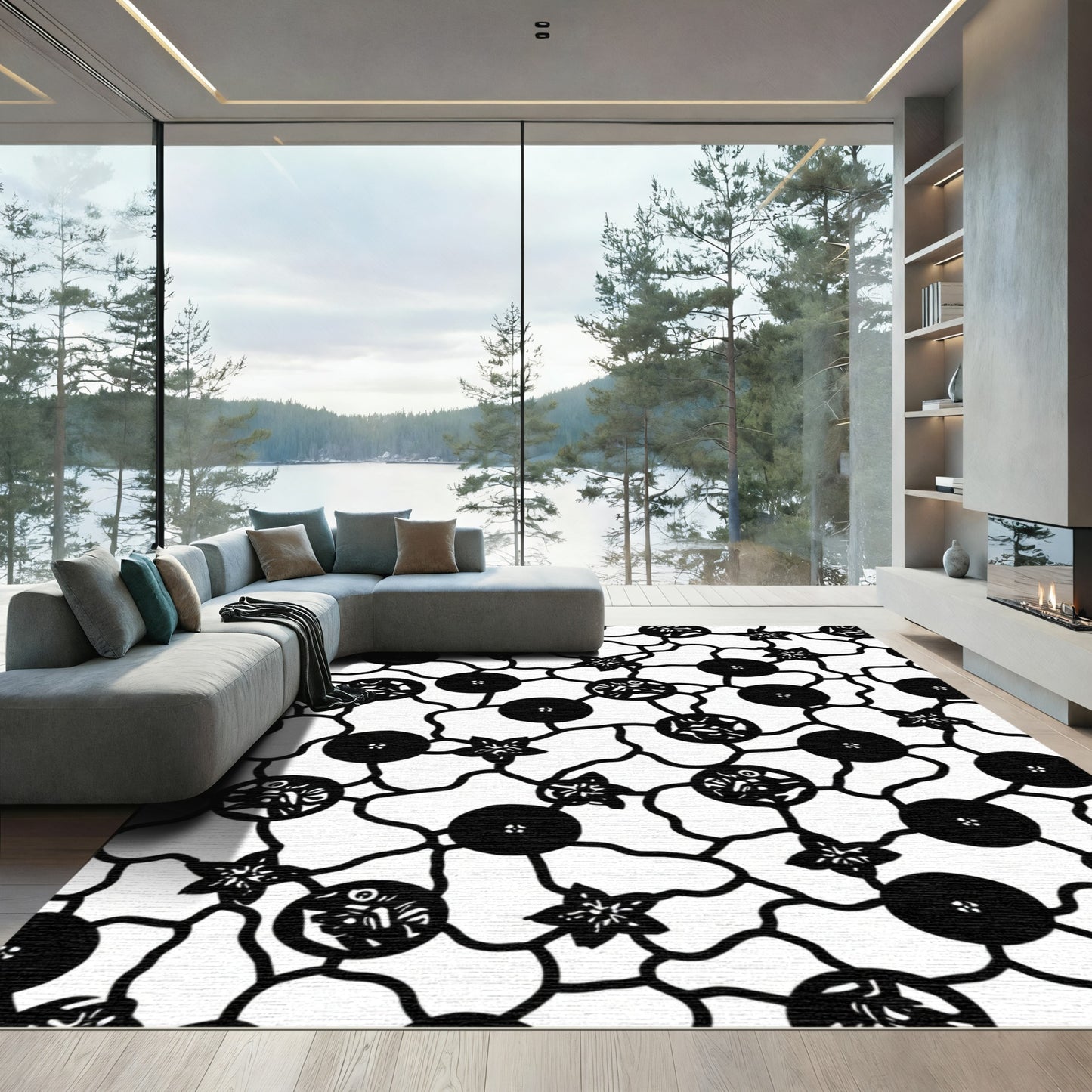 Black White Floral Vine Composition Rug