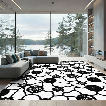Black White Floral Vine Composition Rug
