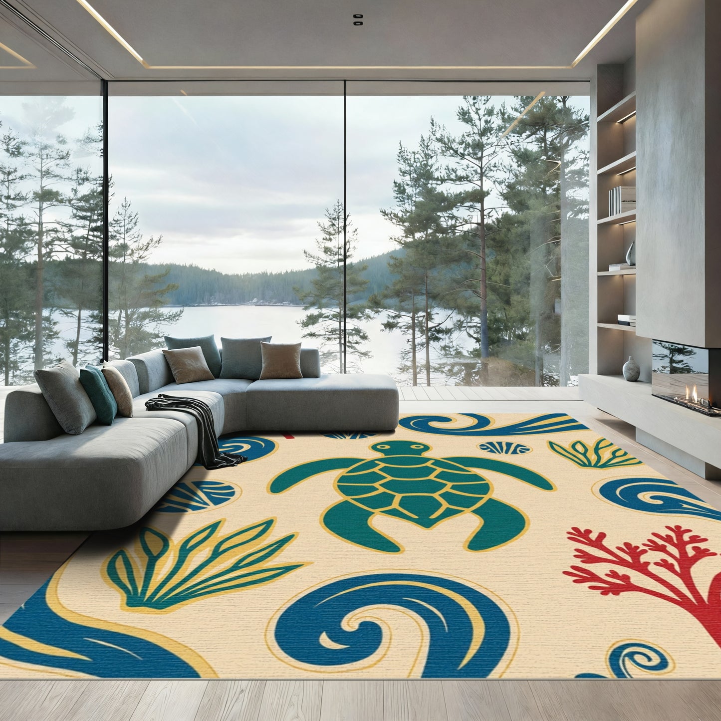 Teal Turtle Ocean Swirls Coral Rug