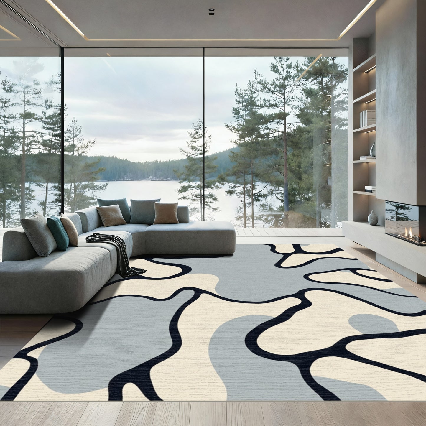 Abstract Cream Navy Organic Flow Rug