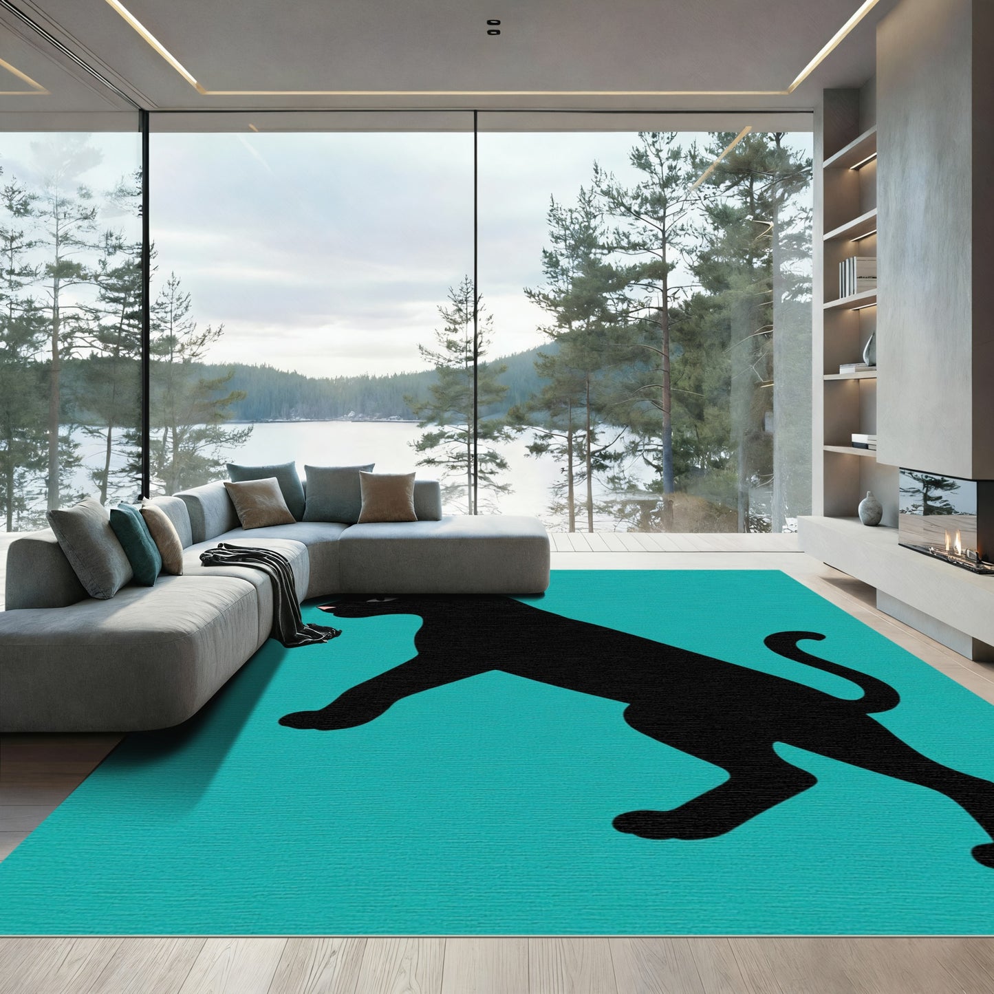 Chic Black Panther Teal Silhouette Rug