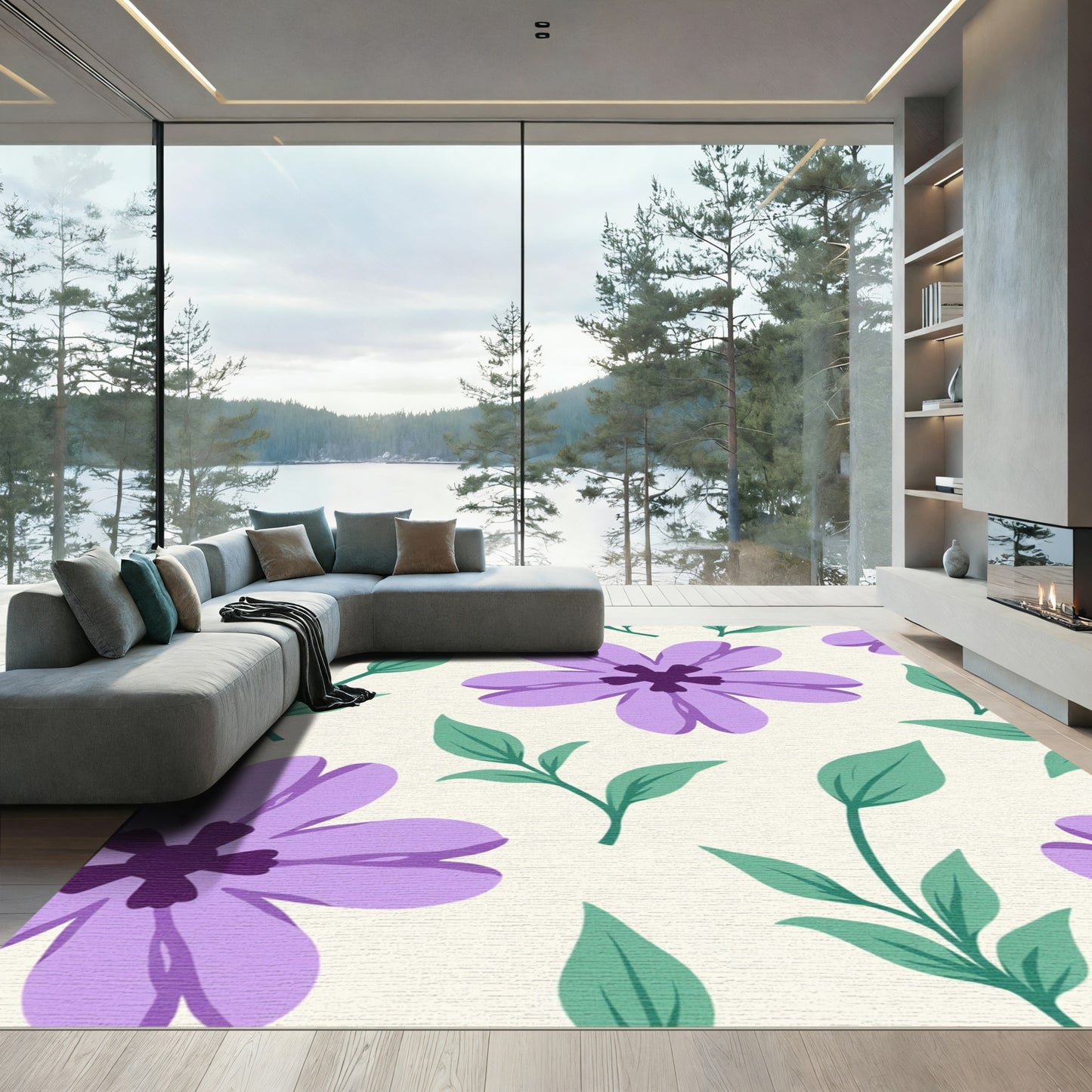 Lavender Violet Floral Botanical Pattern Rug