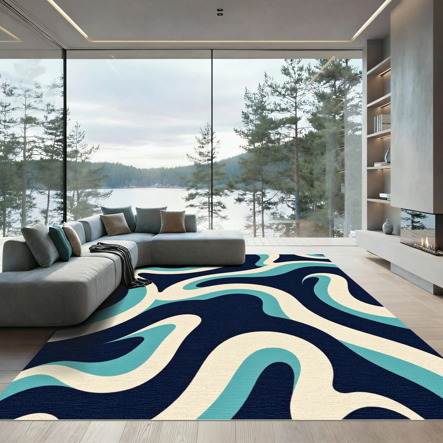 Navy Cream Aqua Swirl Ribbon Rug