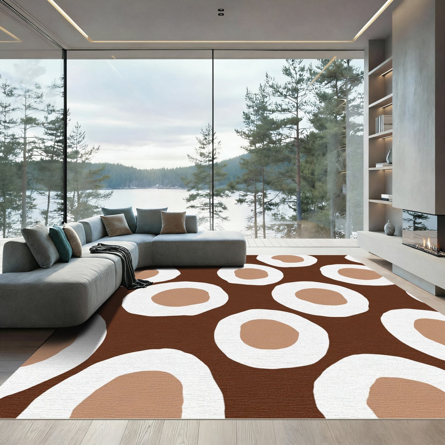 Brown White Tan Organic Circles Rug